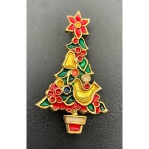 Vintage Beatrix Signed Christmas Partridge in a Pear Tree Brooch Pin Enamel